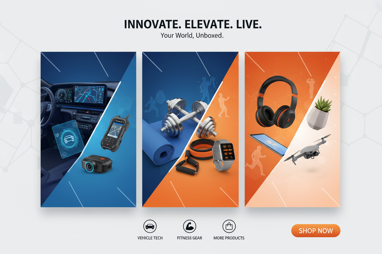 generar banner para venta de productos variados entre tecnologia para vehiculos, fitness y variados
